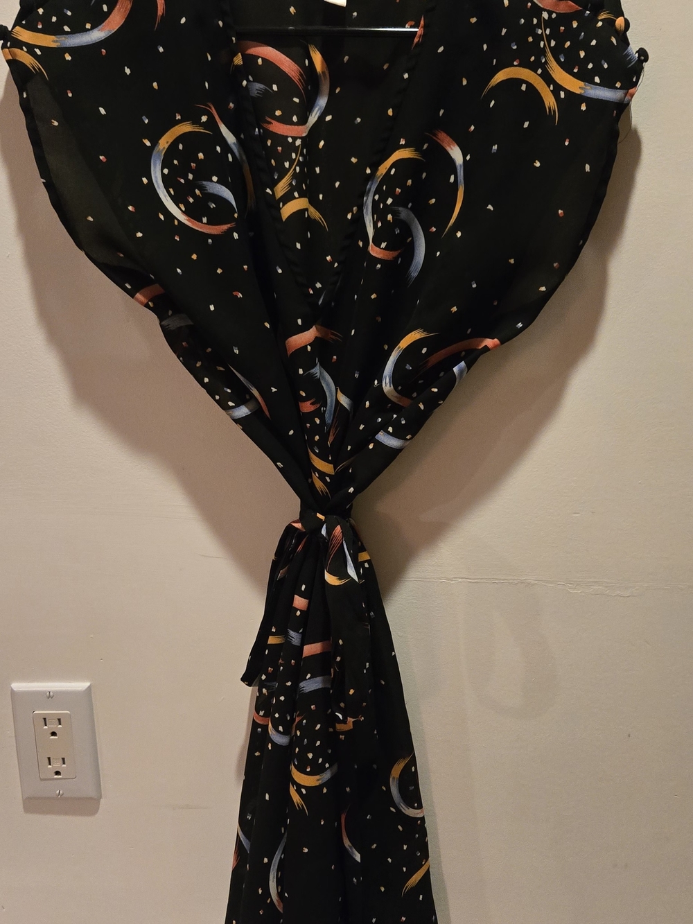 Lux Black Wrap Mini Dress with Orange, Yellow and Blue Crescent Print - Picture 2 of 6